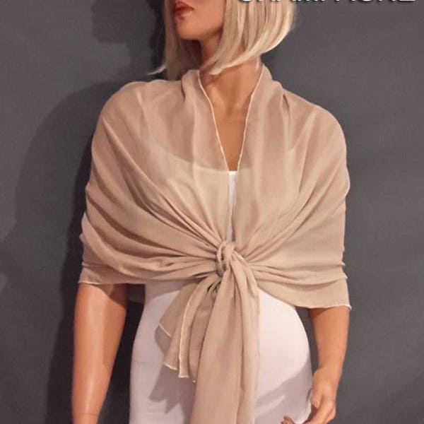 Chiffon pull thru wrap wedding shawl scarf sheer cover up long evening shrug prom stole bridal CW201 AVL in champagne and 6 other colors