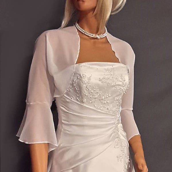 Chiffon bolero jacket 3/4 bell sleeve shrug wedding wrap bridal cover up CBA216 AVAILABLE IN white and 11 other colors. Small - Plus size!