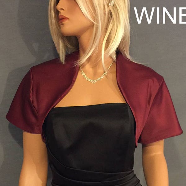 Veste boléro en satin prom bridal shrug wrap manches courtes SBA100 DISPONIBLE en rouge foncé bordeaux et 17 autres couleurs Petite à plus taille!