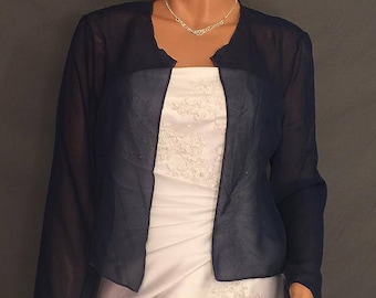 Chiffon bolero shrug with long sleeves hip length jacket evening cover up sheer wedding wrap CBA215 AVL in navy blue and 11 other colors