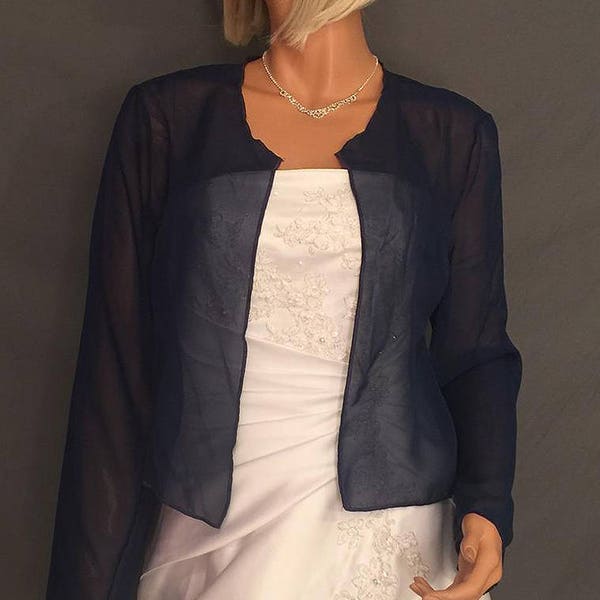 Chiffon bolero shrug with long sleeves hip length jacket evening cover up sheer wedding wrap CBA215 AVL in navy blue and 11 other colors