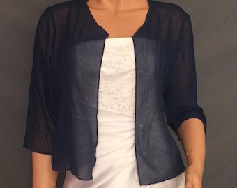 Chiffon bolero shrug with 3/4 sleeves hip length jacket wedding coat cover up sheer bridal wrap CBA214 AVL in navy blue and 11 other colors