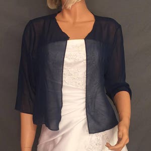 Chiffon bolero shrug with 3/4 sleeves hip length jacket wedding coat cover up sheer bridal wrap CBA214 AVL in navy blue and 11 other colors image 1