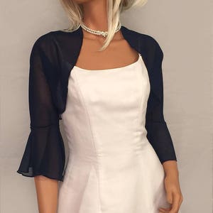 Chiffon bolero jacket 3/4 bell sleeve shrug wedding wrap bridal sheer cover up CBA216 AVL IN navy blue and 11 other colors Small - Plus size