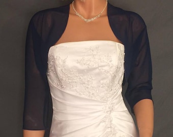 Chiffon bolero jacket 3/4 sleeve shrug wedding wrap bridal cover up CBA201 AVAILABLE IN navy blue and 11 other colors. Small - Plus size!