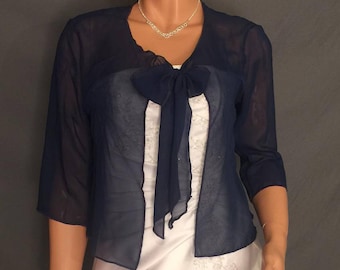 Chiffon bolero jacket with 3/4 sleeves hip length shrug / bow evening wrap coat cover up CBA213 AVL in navy blue and 4 other colors