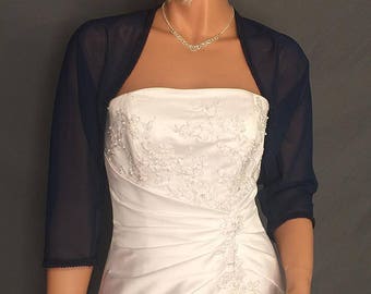 Chiffon bolero shrug jacket 3/4 sleeve trimmed wedding wrap bridal cover up CBA204 AVL IN navy blue and 4 other colors. Small - Plus size!
