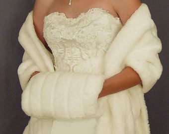 Faux fur wrap stole shawl shrug in Mink bridal fur coat, fur shrug, fur evening long wedding cover up FW102 AVL in ivory and 2 other colors