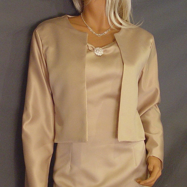 Satin bolero jacket with long sleeve hip length wedding coat cover up SBA130 AVAILABLE in champagne and 5 other colors. small - plus size