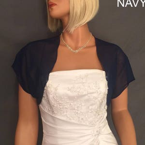 Chiffon bolero jacket bridal shrug short sleeve wedding wrap cover up CBA200 AVAILABLE IN navy blue and 11 other colors. Small Plus size image 1