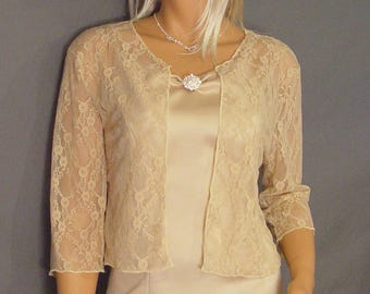 Lace bolero jacket shrug Hip length 3/4 sleeve wedding bridal wrap LBA312 AVAILABLE IN champagne and 4 other colors small through plus size