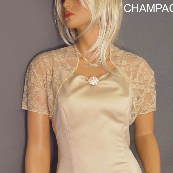 Lace bolero jacket shrug bridal wedding short sleeve wrap cover up LBA300 AVAILABLE IN champagne and 6 other COLORS small through plus size!