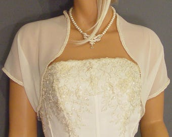 Chiffon bridal bolero jacket wedding shrug short sleeve trimmed bridal shrug cover up CBA203 AVAILABLE IN ivory and 4 other colors.