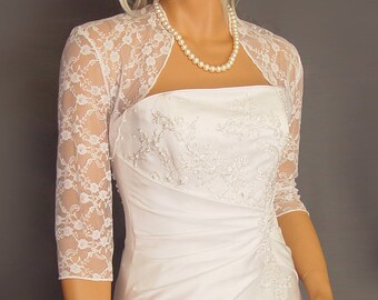 Lace bolero jacket wedding shrug 3/4 sleeve bridal wrap  LBA301 AVAILABLE in white and 6 other colors