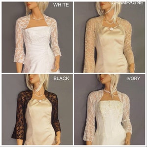 Lace bolero wedding jacket bridal shrug 3/4 Bell sleeve LBA308 AVAILABLE in ivory and 6 other COLORS small through plus size image 2