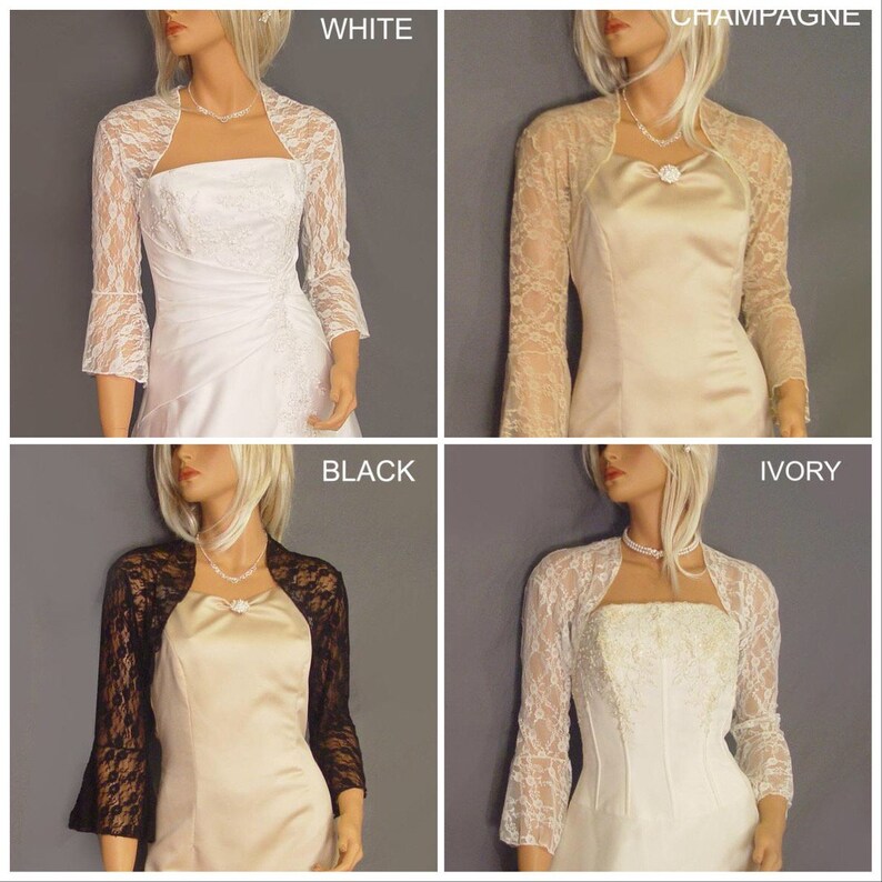 Lace bolero wedding jacket bridal shrug 3/4 Bell sleeve LBA308 AVAILABLE in ivory and 6 other COLORS small through plus size image 2
