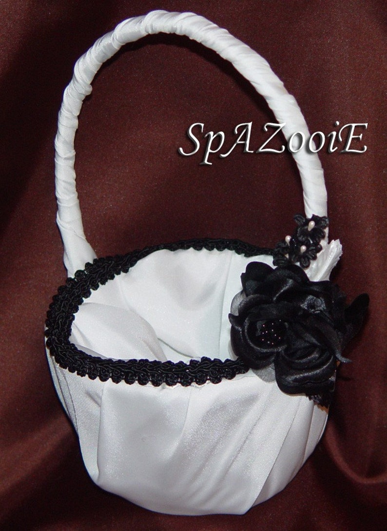 Black & White Satin Ring Bearer Wedding Bridal Pillow And Basket Set image 3