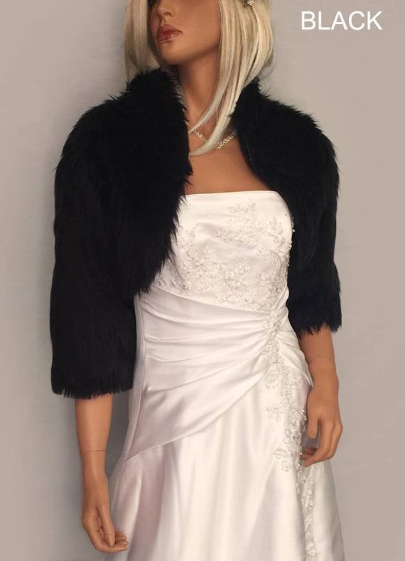 Faux Fur Bolero Shrug Jacket 3/4 Sleeve/ Collar Wedding Wrap in