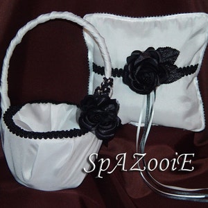 Black & White Satin Ring Bearer Wedding Bridal Pillow And Basket Set image 1