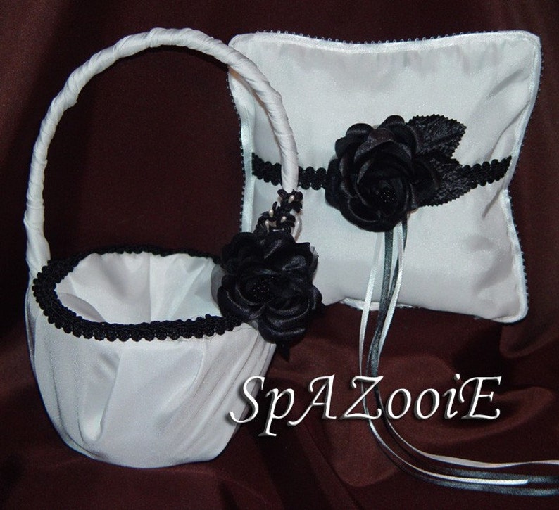 Black & White Satin Ring Bearer Wedding Bridal Pillow And Basket Set image 1