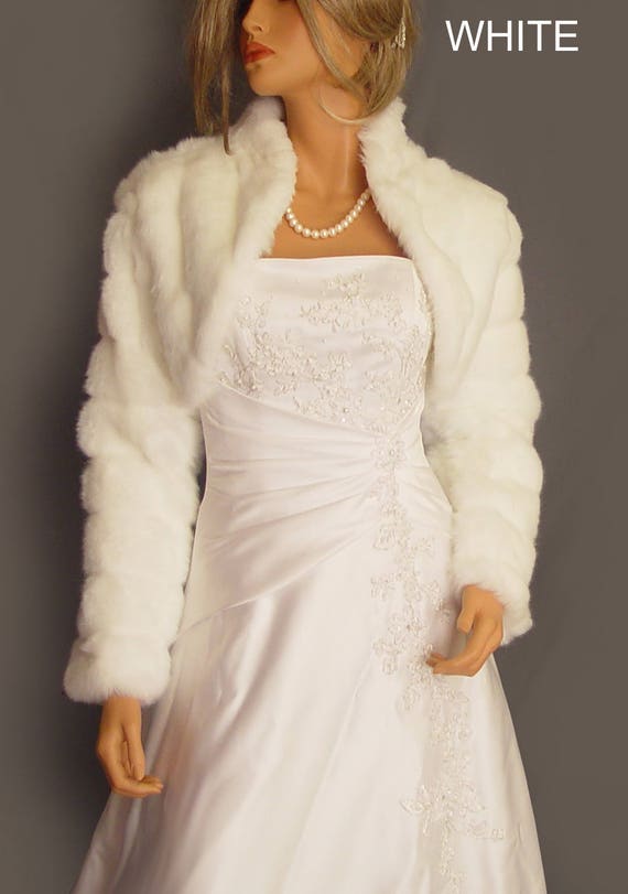 Faux Fur Bolero Jacket in Mink With Long Sleeves and Collar Bridal