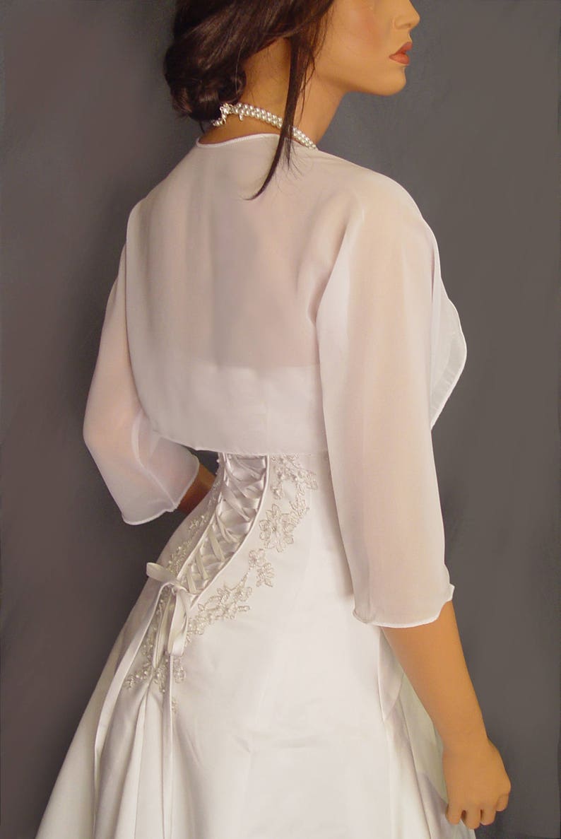Chiffon bolero jacket 3/4 sleeve shrug wedding wrap bridal cover up CBA201 AVAILABLE IN white and 11 other colors. Small Plus size image 4