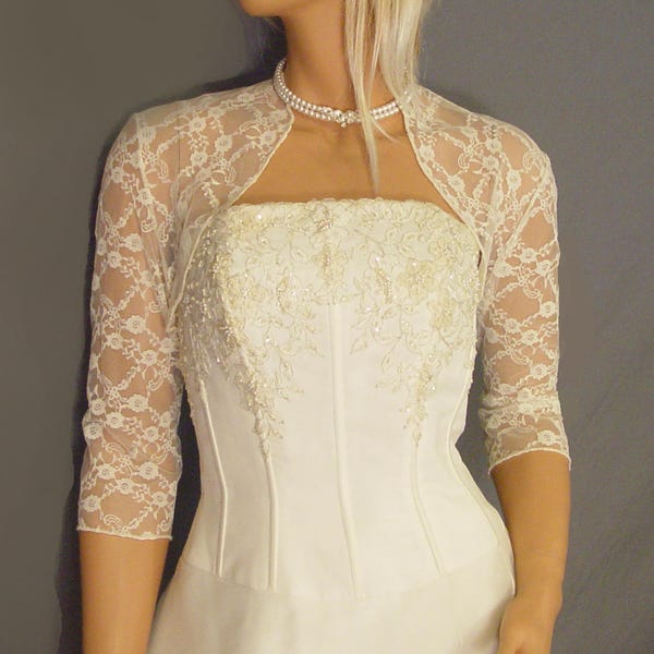 Lace bolero jacket wedding shrug 3/4 sleeve bridal wrap  LBA301 AVAILABLE in ivory and 6 other colors