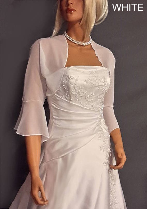 Chiffon bolero jacket 3/4 bell sleeve shrug wedding wrap bridal cover up  CBA216 AVAILABLE IN white and 11 other colors. Small - Plus size!