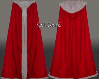 Red fur trim satin cloak cape renaissance wedding full length medieval bridal cape