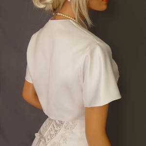 Satin bolero jacket wedding shrug bridal cover up short sleeve SBA100 AVAILABLE in white and 17 other colors. Small through plus size image 2
