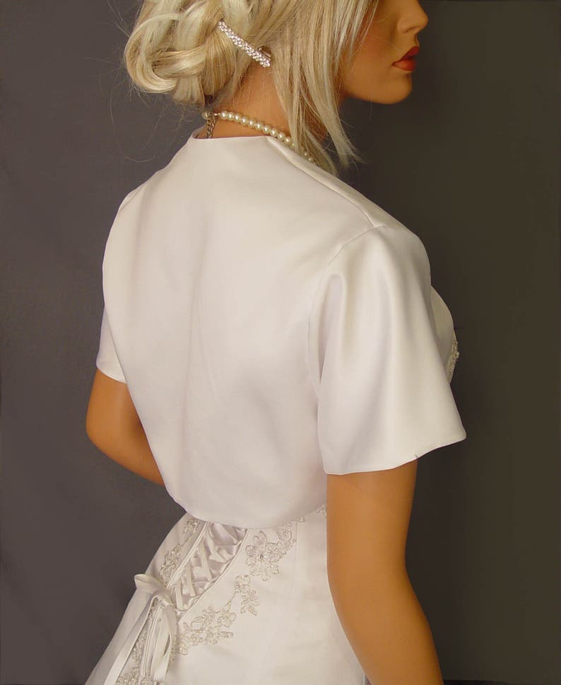 Satin bolero jacket wedding shrug bridal cover up short sleeve SBA100 AVAILABLE in white and 17 other colors. Small through plus size image 2