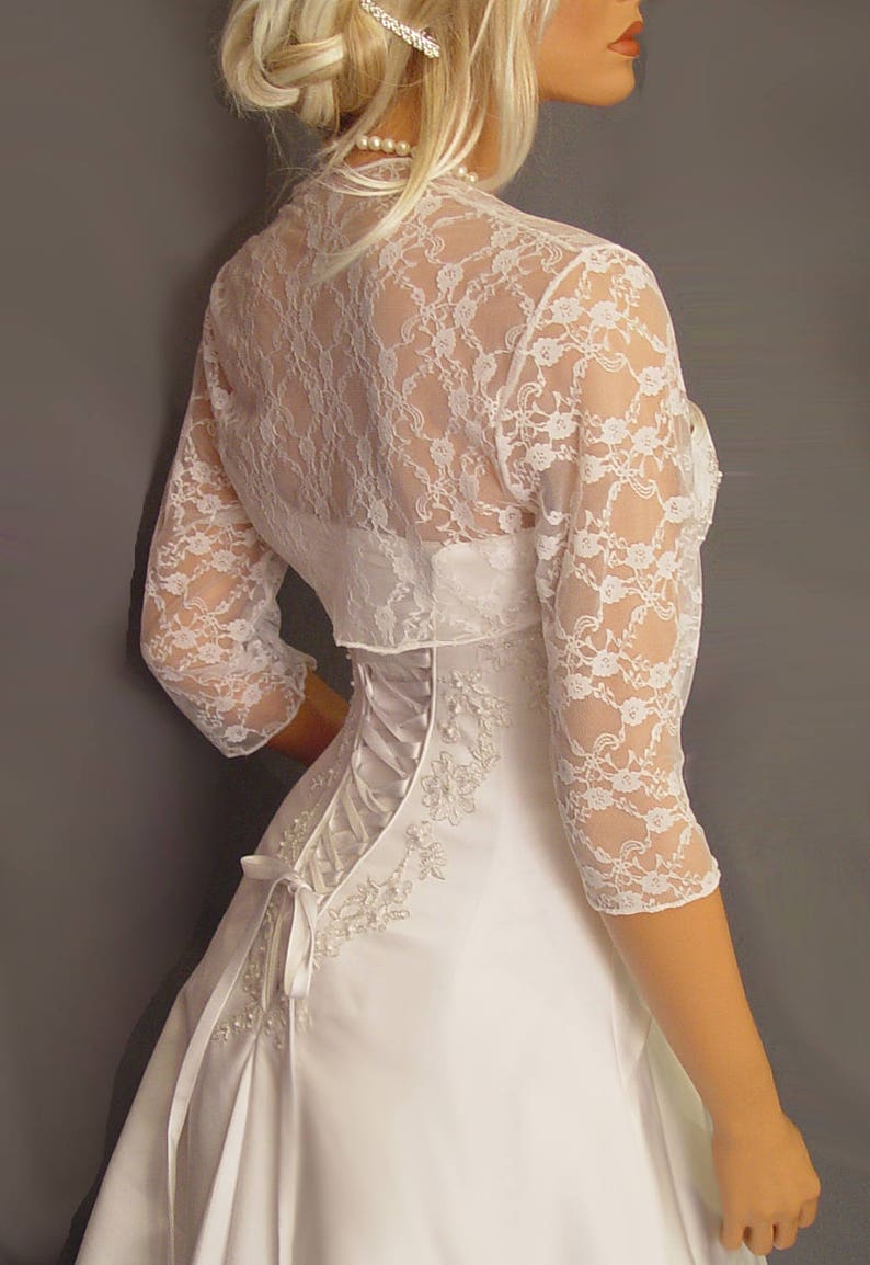 Lace bolero jacket wedding shrug 3/4 sleeve bridal wrap LBA301 AVAILABLE in white and 6 other colors image 2