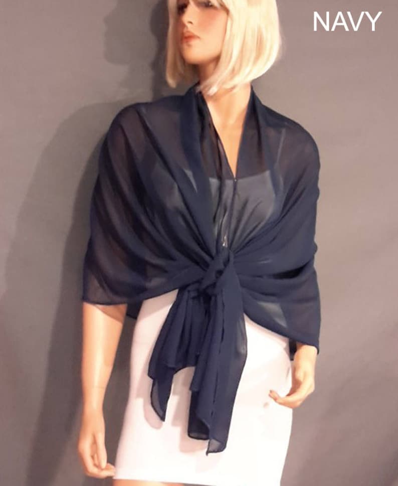 Chiffon pull thru wrap wedding shawl scarf sheer cover up long evening shrug prom stole bridal CW201 AVL in navy blue and 6 other colors image 1