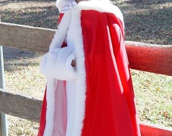 Childs red hooded cloak cape with white faux fur trim