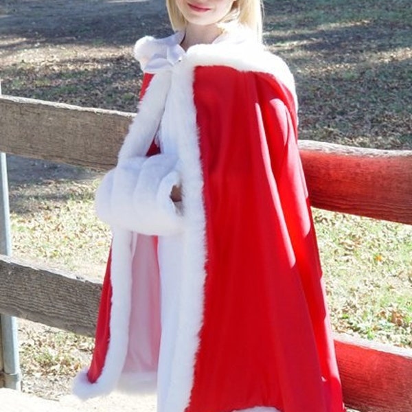 Cape de manteau à capuchon rouge pour enfants avec garniture en fausse fourrure blanche