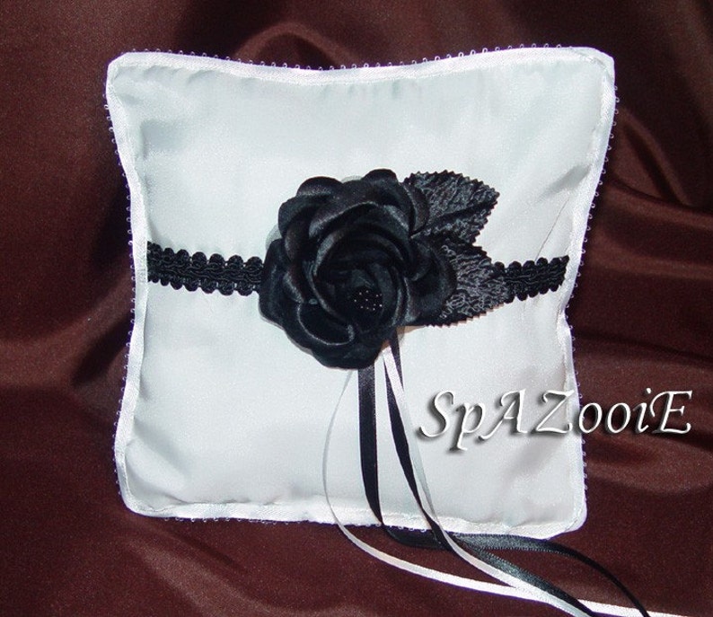 Black & White Satin Ring Bearer Wedding Bridal Pillow And Basket Set image 2