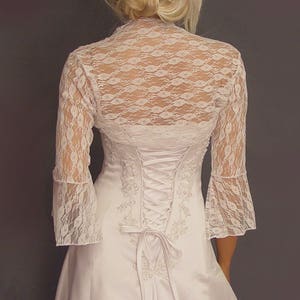 Lace bolero wedding jacket bridal shrug 3/4 Bell sleeve LBA308 AVAILABLE in ivory and 6 other COLORS small through plus size image 4