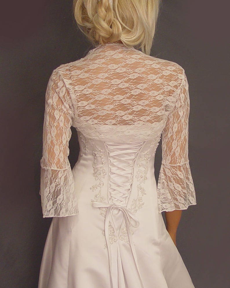 Lace bolero wedding jacket bridal shrug 3/4 Bell sleeve LBA308 AVAILABLE in ivory and 6 other COLORS small through plus size image 4