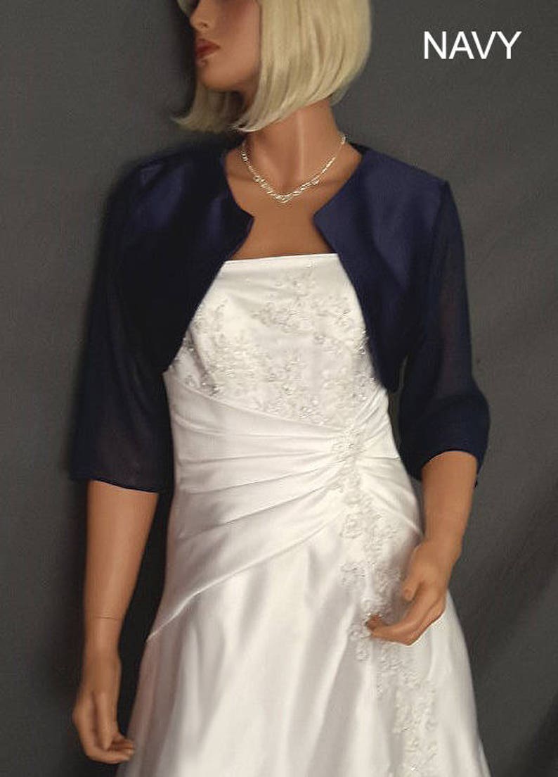 XXL Satin bolero jacket with 34 chiffon sleeves bridal shrug wedding coat cover up SBA116 AVL in navy blue and 5 other colors Small