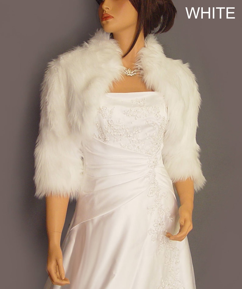 Faux fur 2024 bolero shrug jacket 3/4 sleeve/ collar wedding wrap in Angora bridal coat stole cover up FBA202 AVL in white and 3 other colors