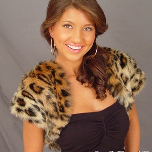 Leopard animal print faux fur short sleeve bolero jacket shrug stole shawl wrap coat cover up FBA426 image 1