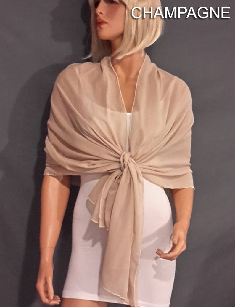 Chiffon pull thru wrap wedding shawl scarf sheer cover up long evening shrug prom stole bridal CW201 AVL in champagne and 6 other colors image 1