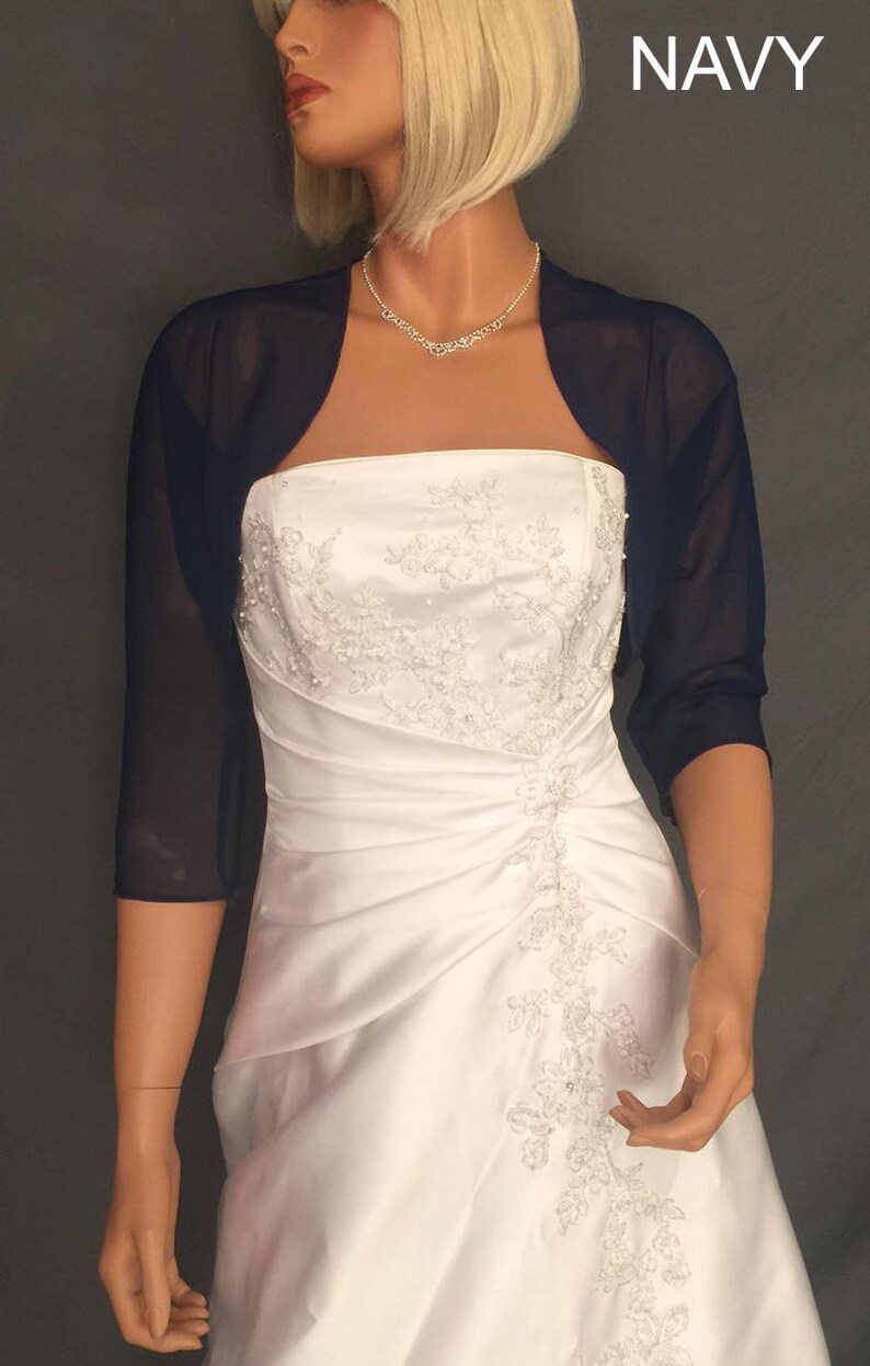 Chiffon bolero jacket 3/4 sleeve shrug wedding wrap bridal cover up CBA201 AVAILABLE IN navy blue and 11 other colors. Small Plus size image 1