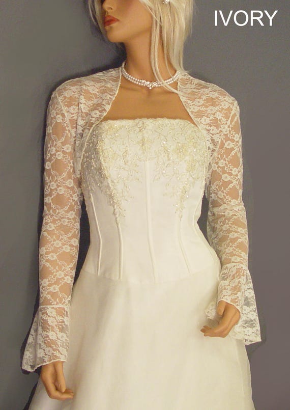 Long Bell Sleeve Lace Bolero Jacket Shrug Wedding Bridal Wrap Shawl LBA303 Available in White Size Small