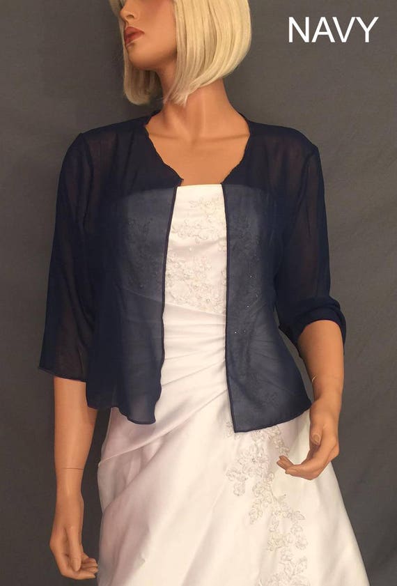 Chiffon bolero shrug with 3/4 sleeves hip length jacket wedding coat cover  up sheer bridal wrap CBA214 AVL in navy blue and 11 other colors