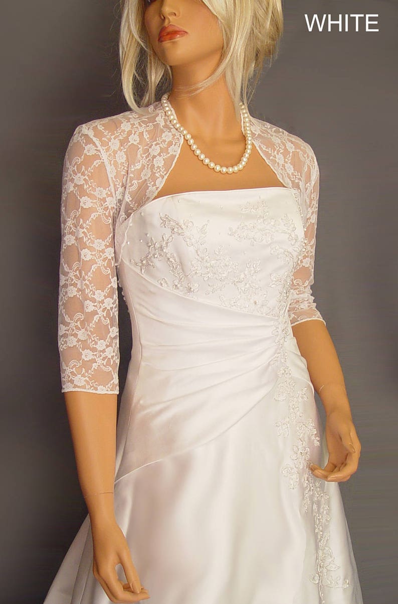 Lace bolero jacket wedding shrug 3/4 sleeve bridal wrap LBA301 AVAILABLE in white and 6 other colors image 1