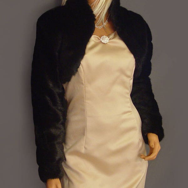 Faux fur bolero jacket in Mink with long sleeves and collar bridal coat, wedding shrug stole wrap FBA103 AVL in black and two other colors