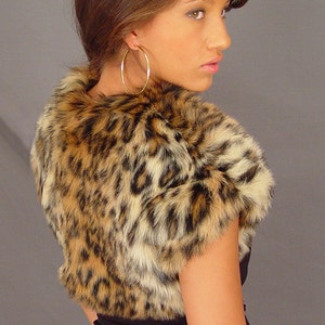 Leopard animal print faux fur short sleeve bolero jacket shrug stole shawl wrap coat cover up FBA426 image 2