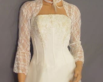 Lace bolero wedding jacket bridal shrug 3/4 Bell sleeve LBA308 AVAILABLE in ivory and 6 other COLORS small through plus size!