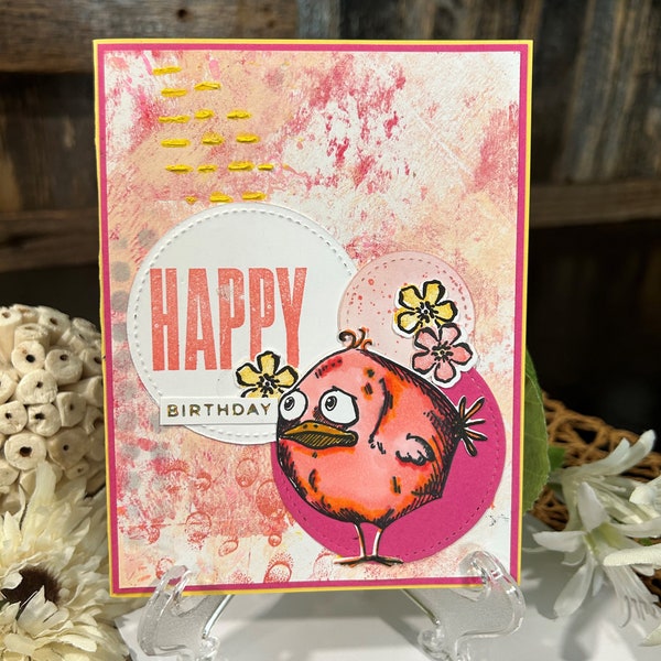 Tim Holtz Crazy Birds Handmade Card Happy Birthday Pink Orange Yellow Birthday Wishes OOAK greeting card